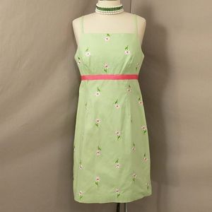 Lilly Pulitzer Sundress Embroidered Daisies on Green Cotton Pink Accent  Quality
